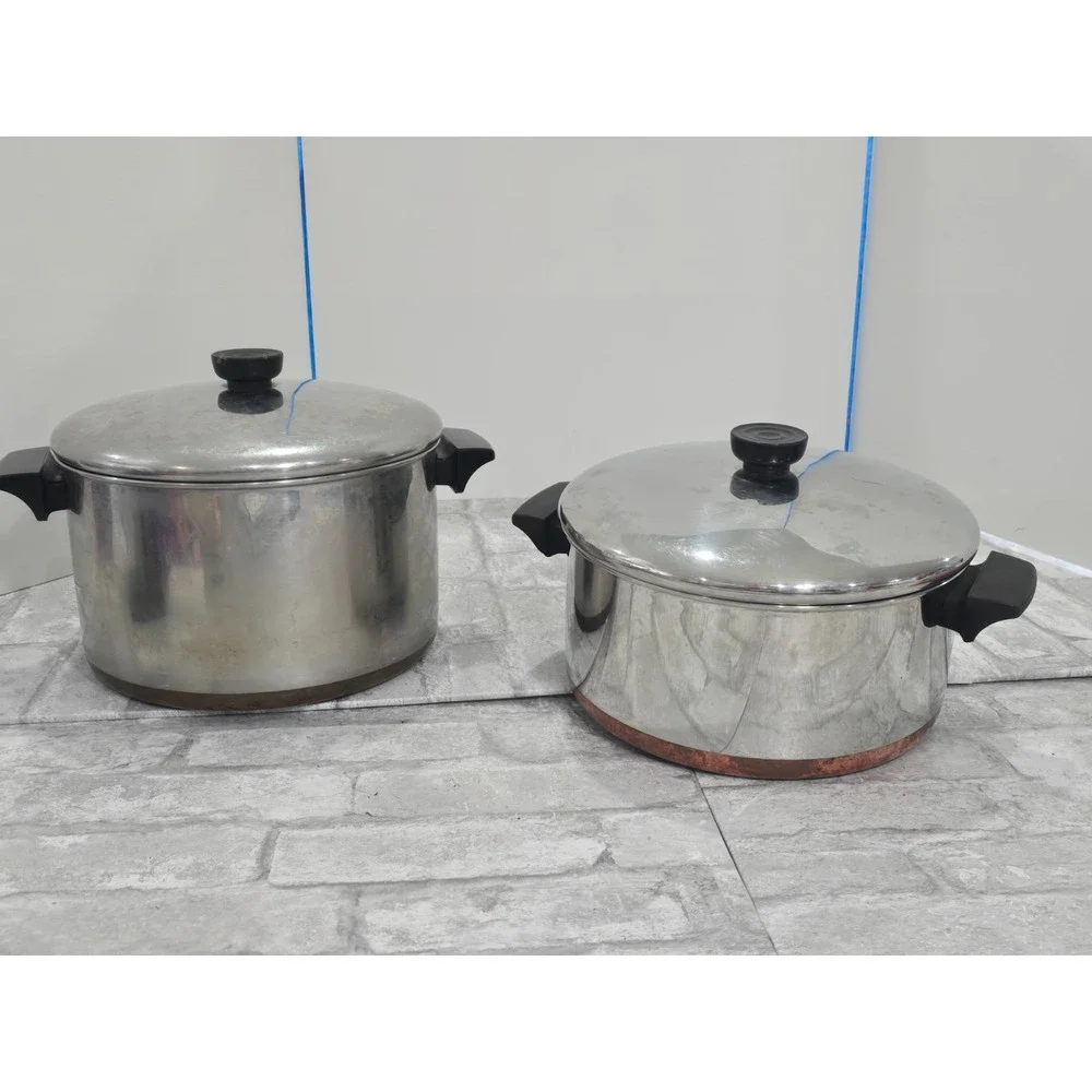 VTG 4 Piece 1960s Revere Ware 1801 Copper Bottom 6QT & 4 1/2QT Stock Pot w/lids
